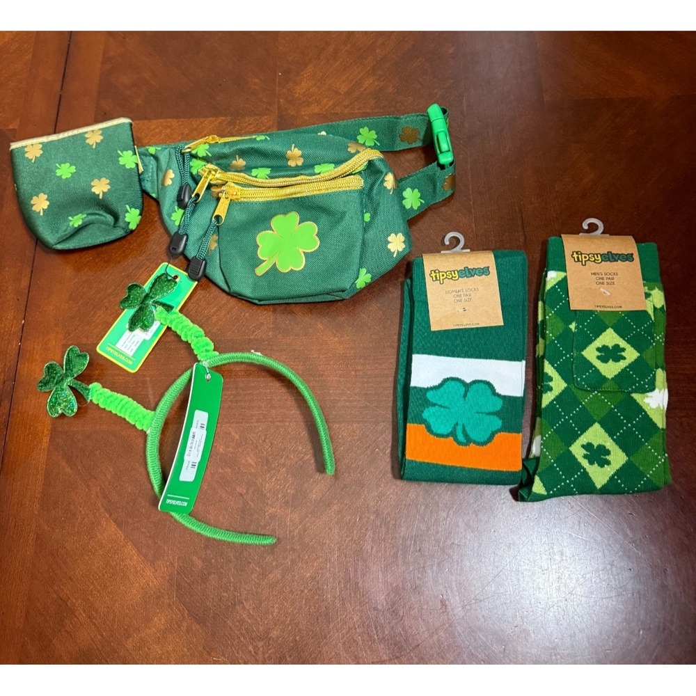 Tipsy Elves St Patricks Day Green Shamrock Fanny Pack Socks Headband